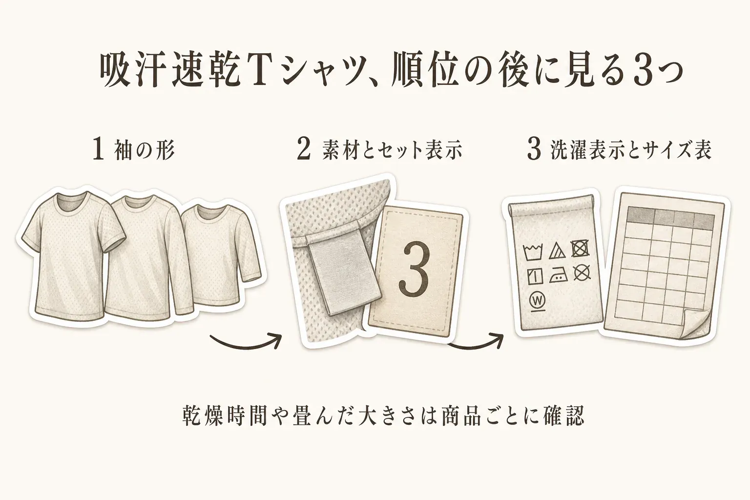 吸汗速乾Tシャツをレビュー順位の後に確認する順番を示す図。1番目に半袖・長袖・七分袖など袖の形、2番目に素材とセット表示、3番目に洗濯表示とサイズ表を確認し、乾燥時間や畳んだ大きさは商品ごとに確認するよう案内している。