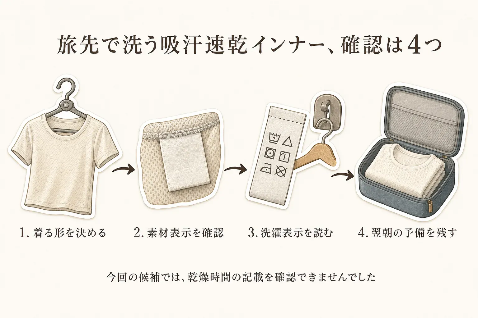 旅先で洗う吸汗速乾インナーの確認順を示す図。着る形を決め、素材表示を確認し、洗濯表示を読み、翌朝の予備を残す4段階と、今回の候補では乾燥時間の記載を確認できなかったことを示している。