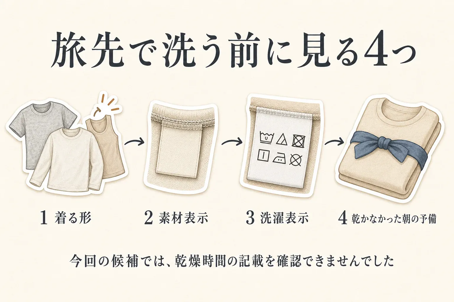 旅先でインナーを洗う前に確認する4項目を示す図。着る形、素材表示、洗濯表示、乾かなかった朝の予備を順に確認し、今回の候補では乾燥時間の記載を確認できなかったことを示している。