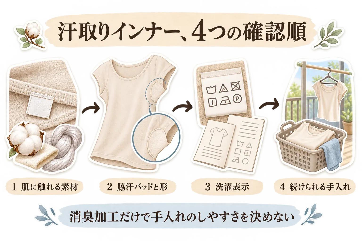 汗取りインナーの4つの確認順を示す図。肌に触れる素材、脇汗パッドと形、洗濯表示、続けられる手入れの順に、素材見本、脇汗パッド付きインナー、洗濯記号、干したインナーと洗濯かごを並べ、「消臭加工だけで手入れのしやすさを決めない」と示している。