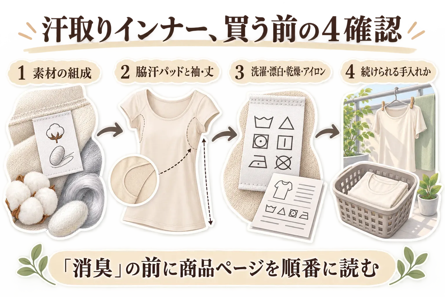 汗取りインナーを買う前に商品ページで確認する4項目の図。素材の組成、脇汗パッドと袖・丈、洗濯・漂白・乾燥・アイロンの表示、続けられる手入れかを、素材タグ、脇汗パッド付きインナー、洗濯記号、干したインナーと洗濯かごで順に示し、「消臭」の前に商品ページを順番に読むと伝えている。