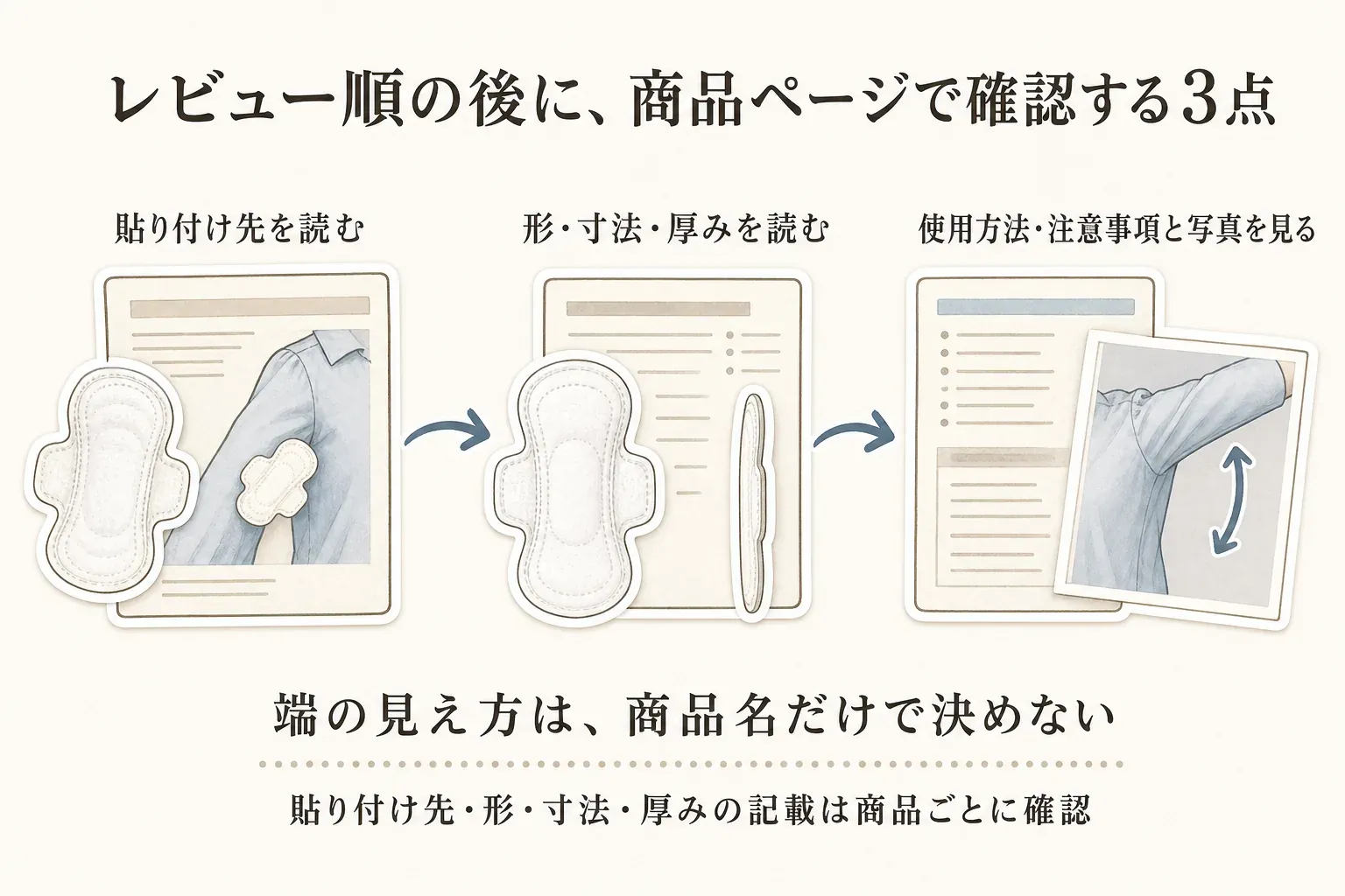 レビュー順で候補を絞った後に商品ページで確認する3点を示す図。貼り付け先、パッドの形・寸法・厚み、使用方法・注意事項と腕を動かした写真を確認し、端の見え方は商品名だけで決めないことを示している。