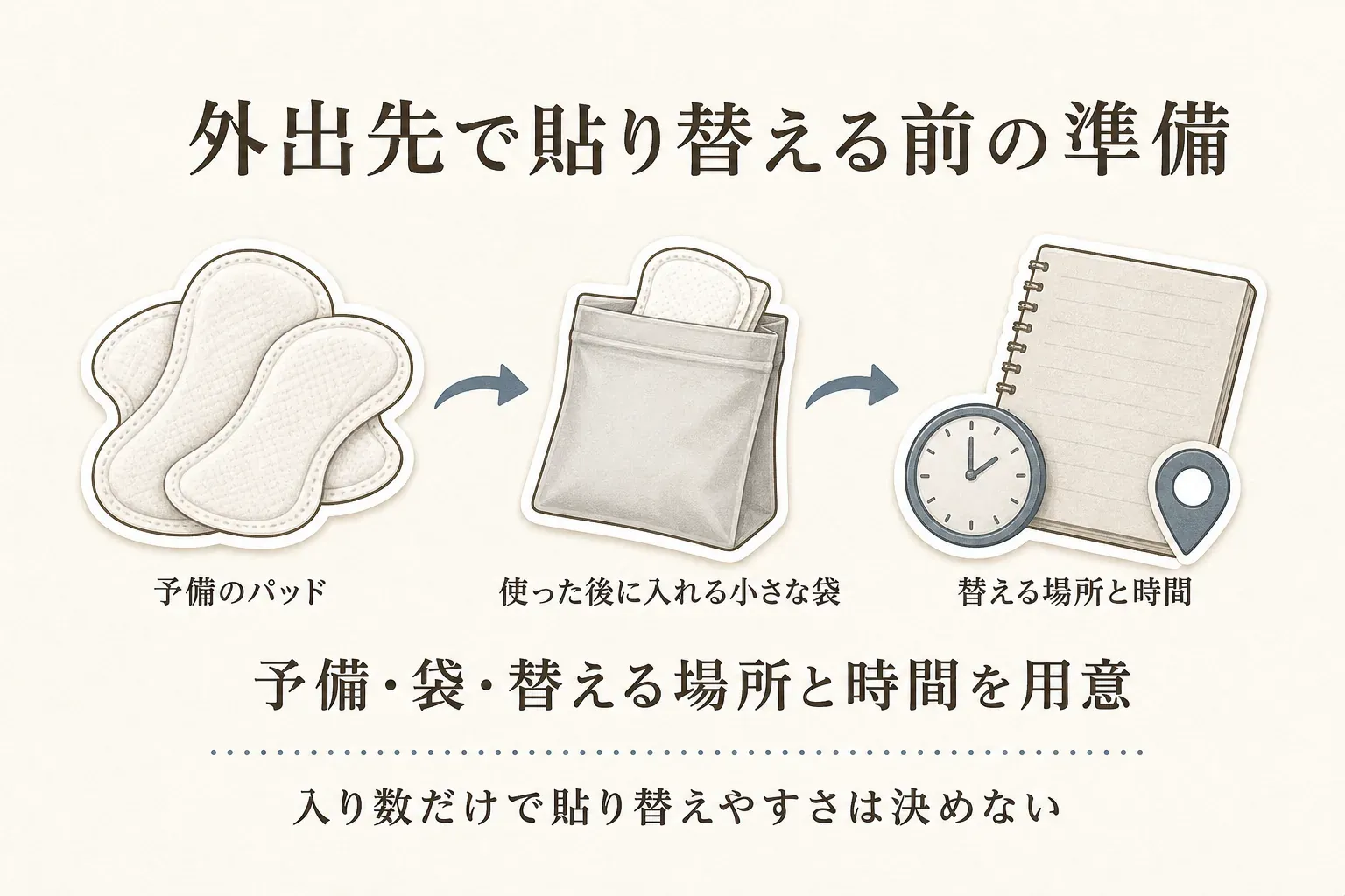 外出先で使い捨て汗取りパッドを貼り替える前の準備を示す図。予備のパッド、使用後に入れる小さな袋、貼り替える場所と時間を用意し、入り数だけで貼り替えやすさを決めないことを示している。