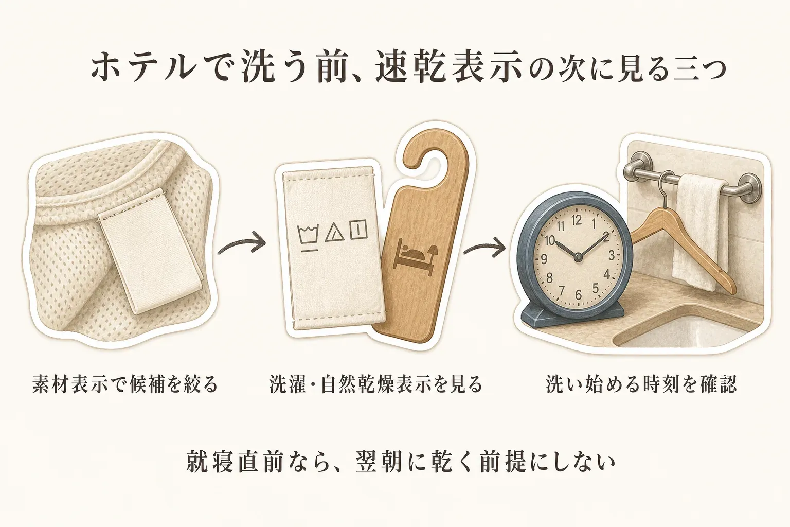 ホテルで速乾インナーを洗う前の確認順を示す図。素材表示で候補を絞り、洗濯・自然乾燥表示を確認し、洗い始める時刻を確認する三段階と、就寝直前に洗う場合は翌朝に乾く前提にしないことを示している。