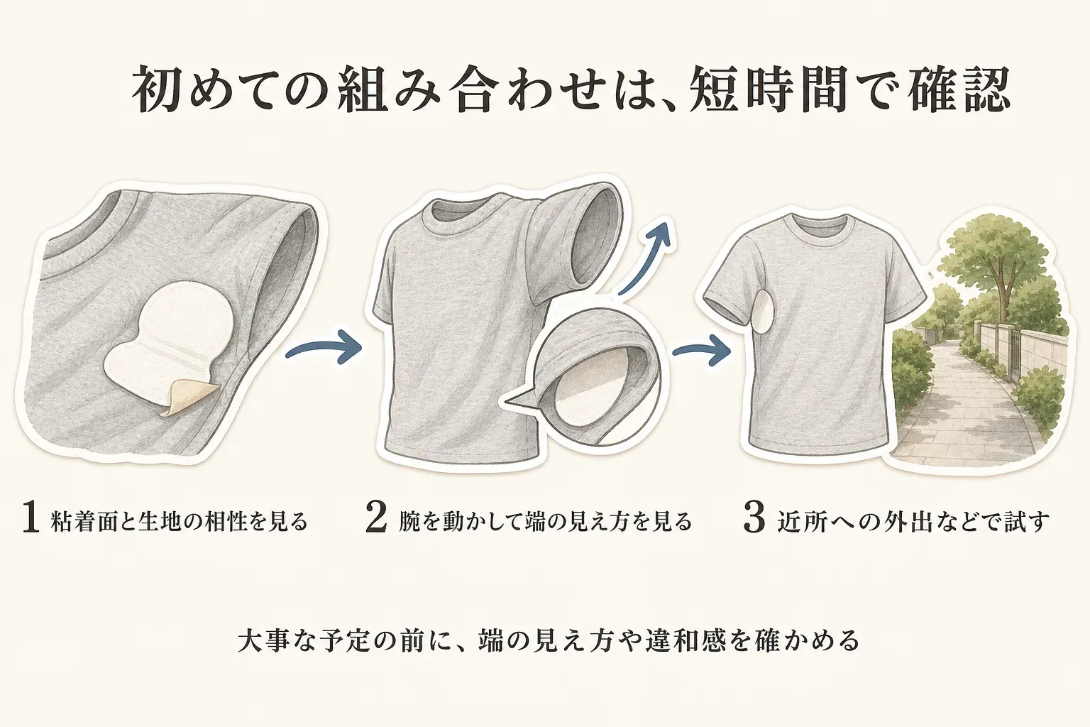 初めて脇汗パッドとTシャツを組み合わせるときの確認図。粘着面と生地の相性を見て、腕を動かして端の見え方を確認し、近所への外出など短時間で試す流れと、大事な予定の前に違和感を確かめることを示している。