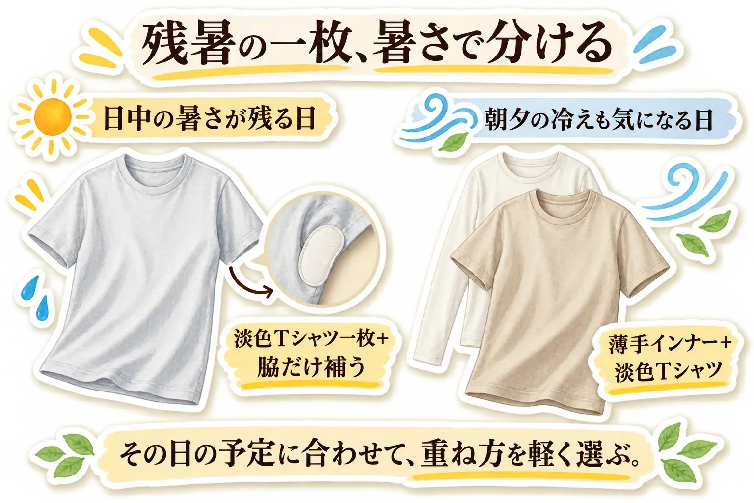 残暑の服装を暑さで分ける図。日中の暑さが残る日は淡色Tシャツ一枚に脇だけパッドを足し、朝夕の冷えも気になる日は薄手インナーに淡色Tシャツを重ねることを示し、その日の予定に合わせて重ね方を軽く選ぶよう案内している。