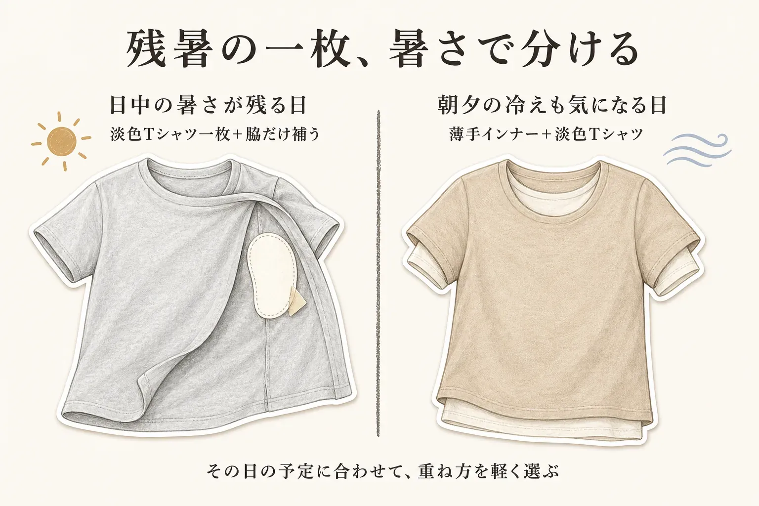 残暑の一枚を暑さで選び分ける図。日中の暑さが残る日は淡色Tシャツ一枚に脇だけパッドを足し、朝夕の冷えも気になる日は薄手インナーに淡色Tシャツを重ねる2つの着方を並べ、その日の予定に合わせて重ね方を軽く選ぶことを示している。