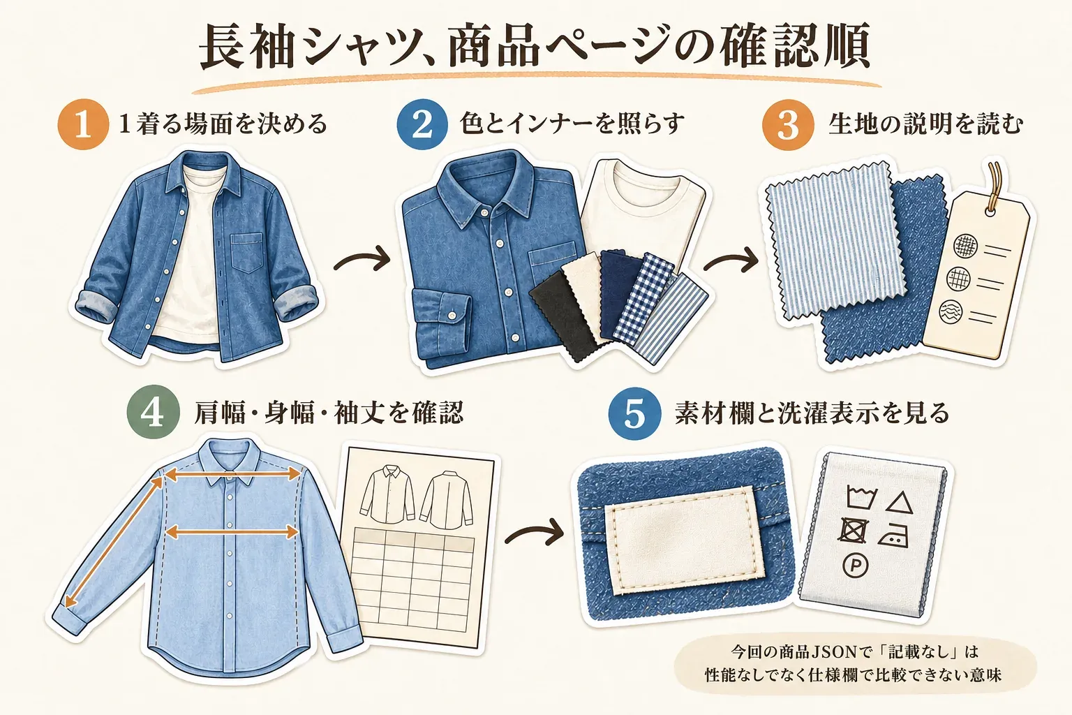 メンズ長袖シャツの商品ページを確認する5つの順番の図。半袖の上に羽織るなど着る場面を決め、シャツとインナーの色を照らし、生地の説明を読み、肩幅・身幅・袖丈をサイズ表で確認し、最後に素材欄と洗濯表示を見る。商品JSONの仕様欄の「記載なし」は性能がないのではなく比較できない意味であることも示している。