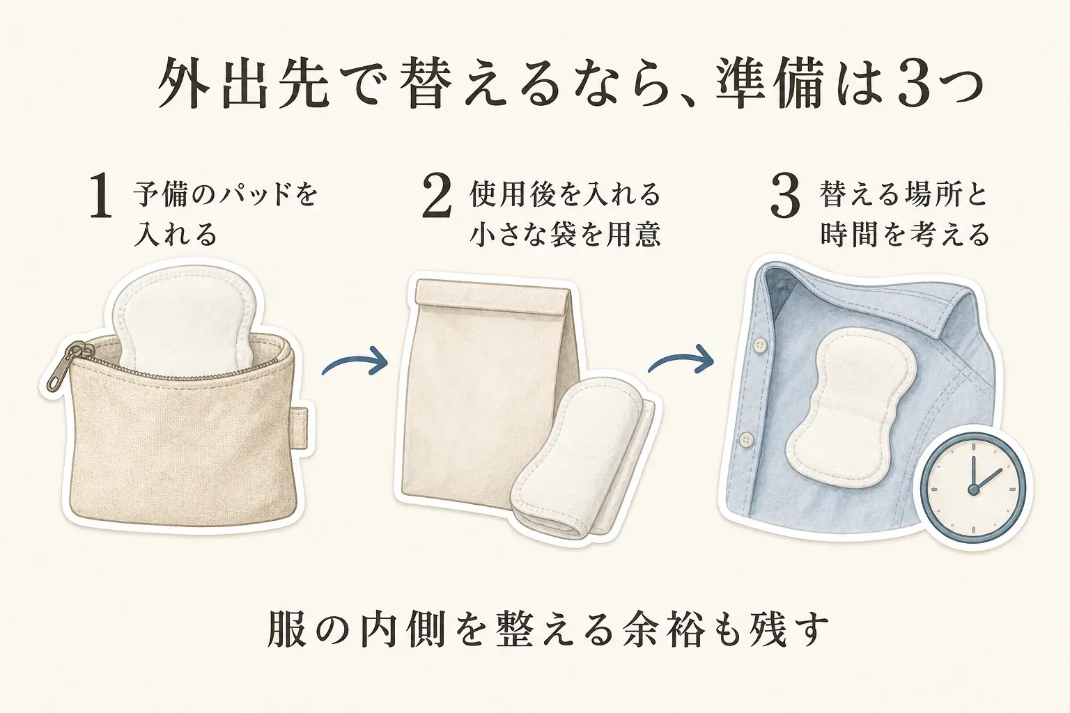 外出先で脇汗パッドを替えるための準備を示す図。予備のパッドをバッグに入れ、使用後のパッドを入れる小さな袋を用意し、替える場所と時間、服の内側を整える余裕を考える3つの準備を描いている。