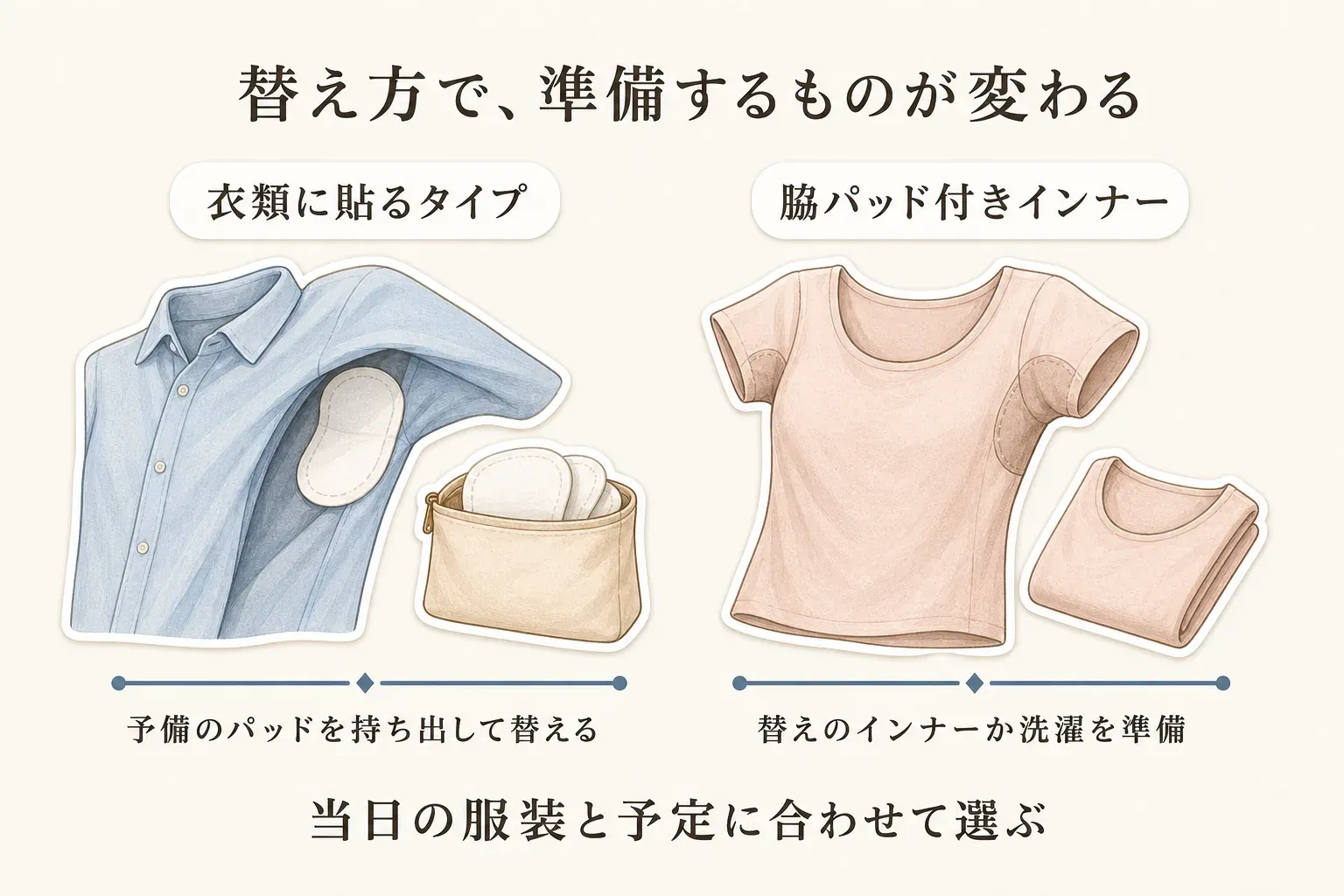 替え方で準備するものが変わることを示す図。衣類に貼る脇汗パッドは予備のパッドを持ち出して替え、脇パッド付きインナーは替えのインナーまたは洗濯を準備する2つの方法を、当日の服装と予定に合わせて選ぶよう案内している。