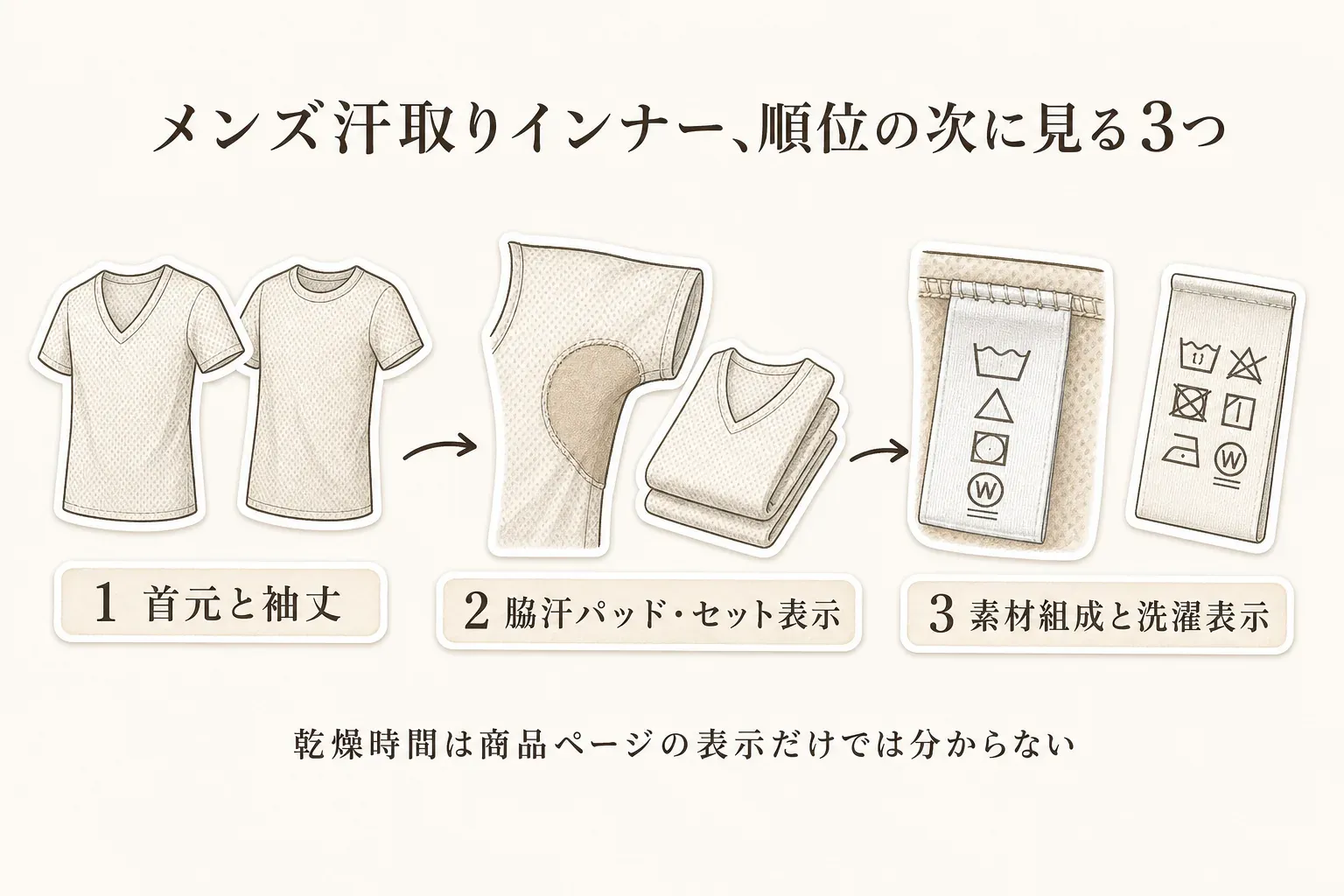 メンズ汗取りインナーを順位の次に確認する順番を示す図。1は首元と袖丈、2は脇汗パッドとセット表示、3は素材組成と洗濯表示で、商品ページの表示だけでは乾燥時間は分からないと案内している。