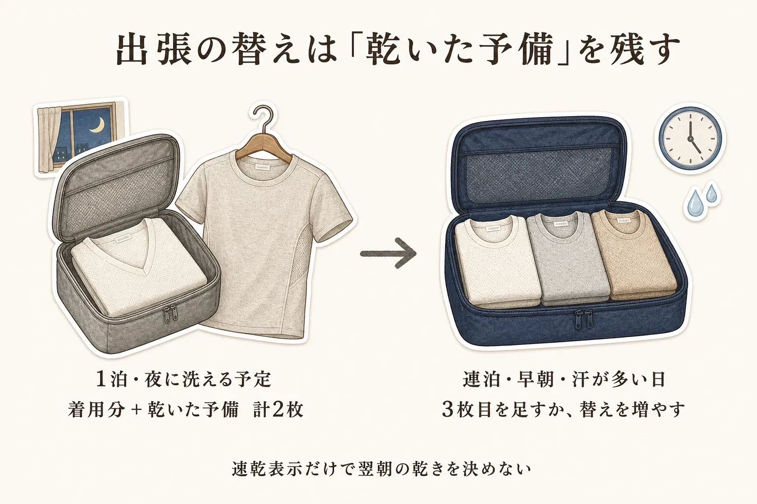 出張用メンズ汗取りインナーの替えの目安を示す図。1泊で夜に洗える予定なら着用分と乾いた予備で計2枚、連泊・早朝・汗が多い日には3枚目を足すか替えを増やすと案内し、速乾表示だけで翌朝の乾きを決めないよう示している。