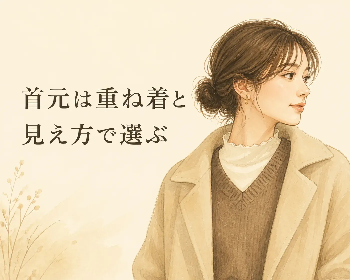 ジャケットを羽織った人物とVネックの重ね着を描いた図。「首元は重ね着と見え方で選ぶ」と示し、首元の開き方とインナーの見え方を確認して選ぶことを表している。