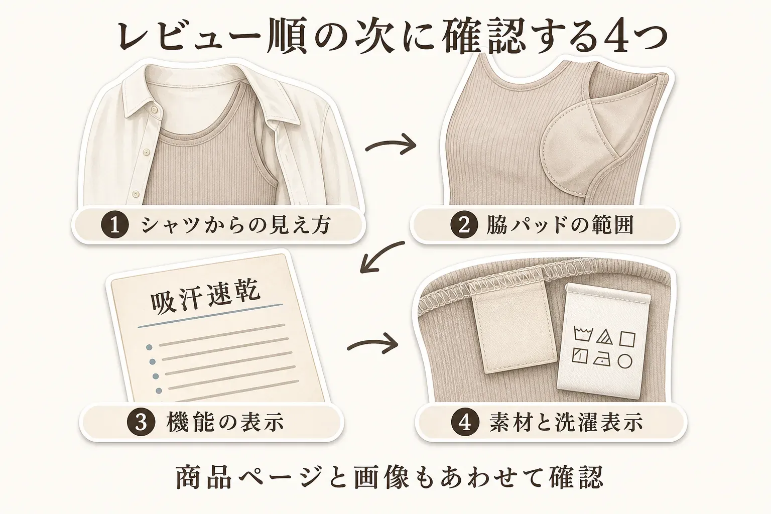 ノースリーブ汗取りインナーを購入前に確認する順番を示す図。1は半袖シャツの袖口・襟・脇からの見え方、2は脇パッドの高さ・二重や3層・特大・背中までの表示、3は吸汗速乾などの機能表示、4は素材組成と洗濯表示を確認する流れ。
