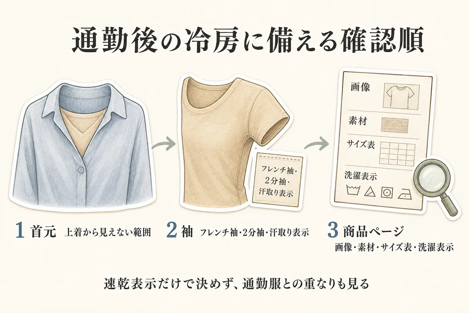通勤後の冷房に備える吸汗速乾インナーの確認順を示す図。上着から見えない首元、フレンチ袖・2分袖・汗取り表示のある袖、商品ページの画像・素材・サイズ表・洗濯表示の順に確認し、速乾表示だけで決めず通勤服との重なりも見ることを表している。