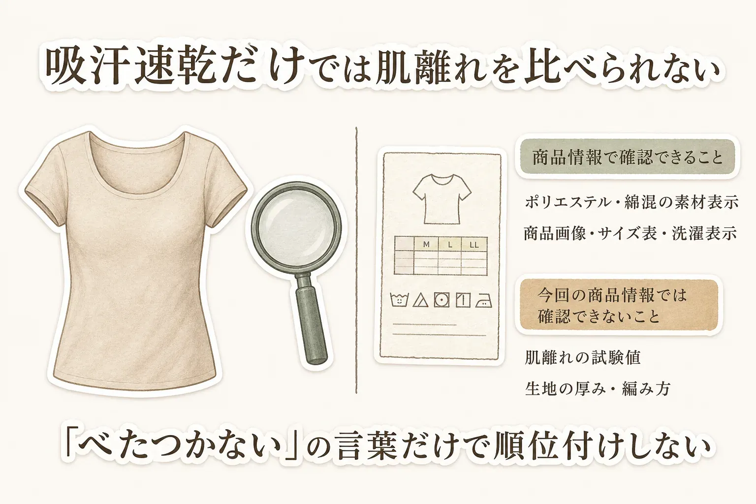 吸汗速乾の表示だけでは肌離れを比較できないことを示す図。商品情報で確認できるポリエステル・綿混の素材表示、商品画像、サイズ表、洗濯表示と、今回の商品情報では確認できない肌離れの試験値、生地の厚み・編み方を分け、「べたつかない」の言葉だけで順位付けしないことを表している。