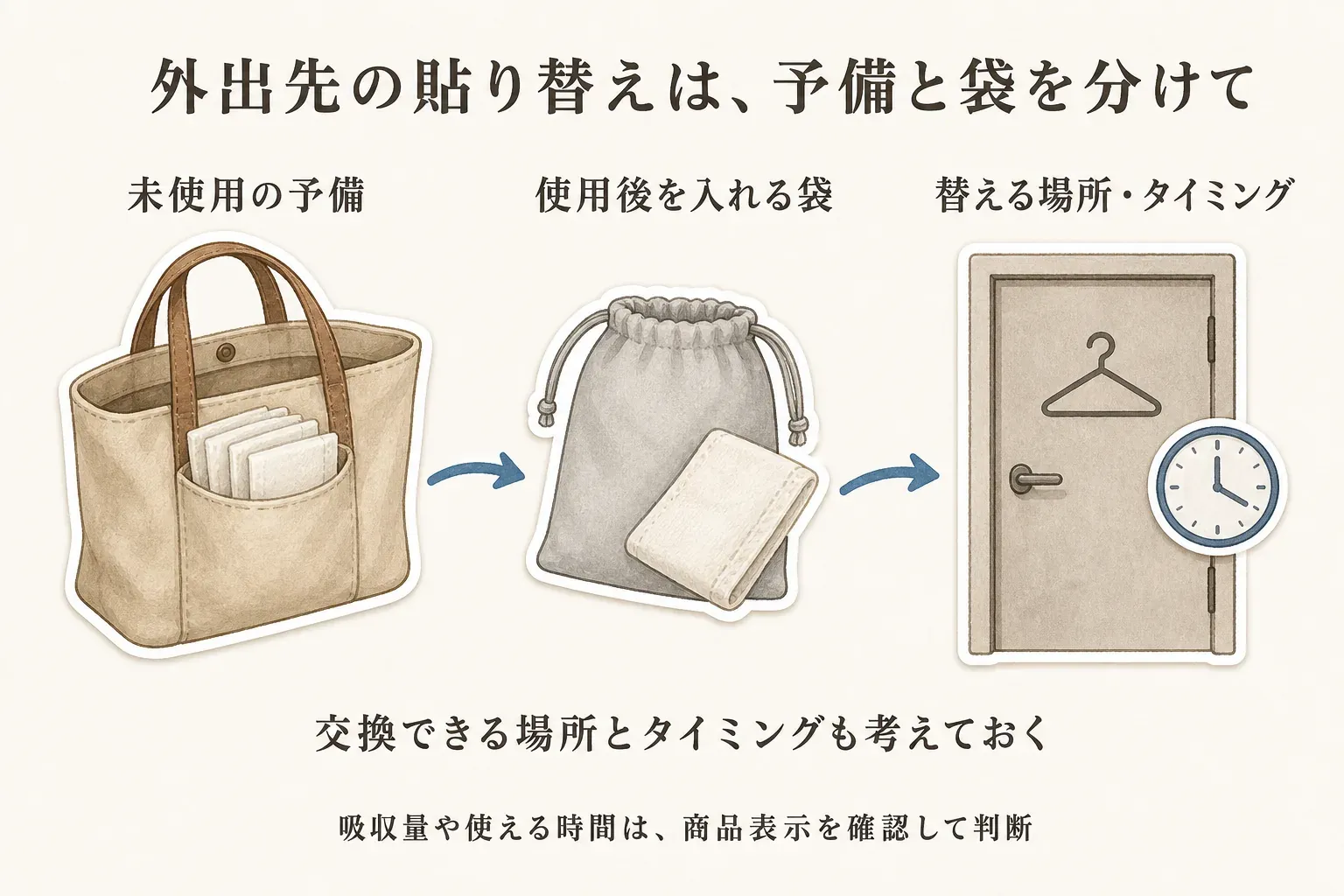外出先で使い捨て汗取りパッドを貼り替える準備を示す図。バッグに未使用の予備を入れ、使用後のパッドは別の小さな袋に入れ、化粧室など交換できる場所とタイミングを考える流れと、吸収量や使える時間は商品表示で確認することを示している。