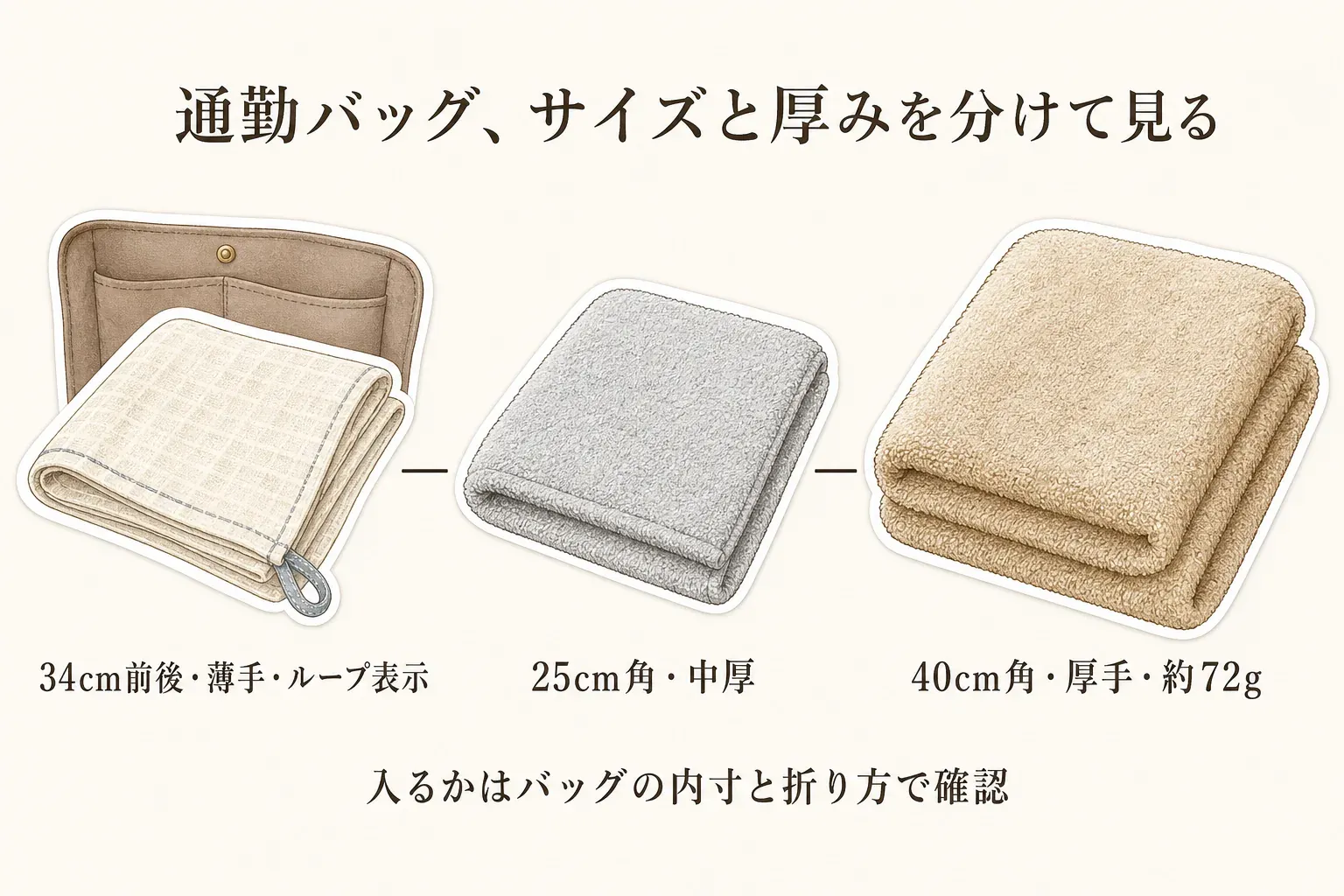 通勤バッグに入れるタオルハンカチをサイズと厚みで比較する図。34cm前後の薄手・ループ表示、25cm角の中厚、40cm角・約72gの厚手を並べ、バッグに入るかは内寸と折り方で確認するよう示している。