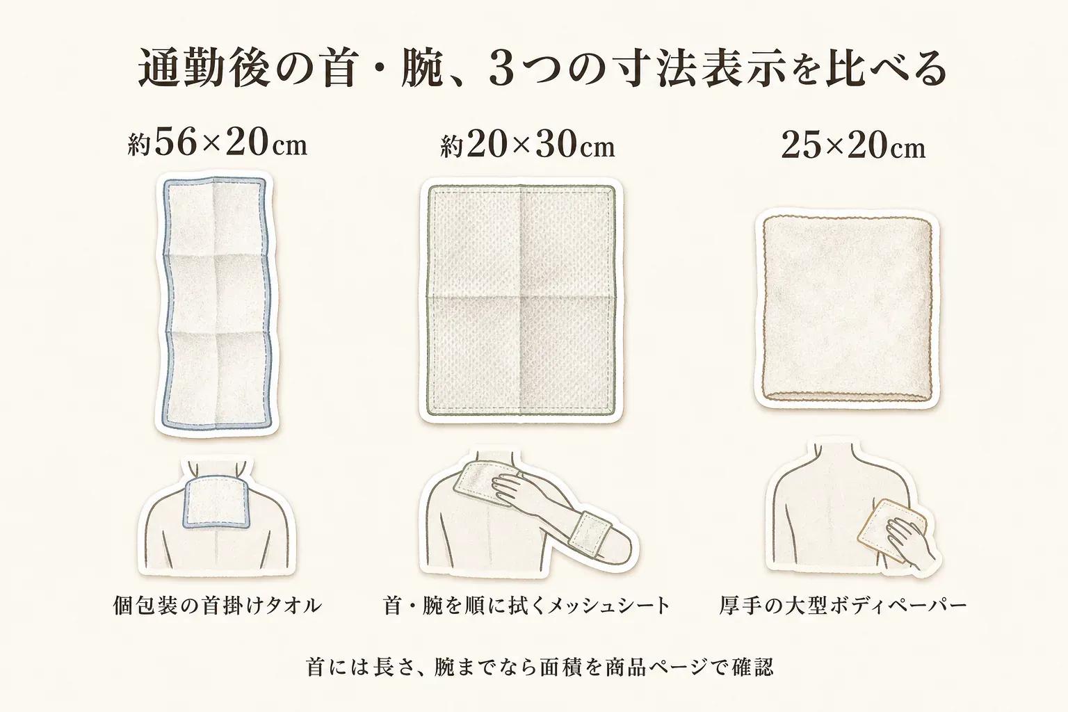 通勤後に首・腕を拭く3種類のシート寸法を比べた図。約56×20cmの個包装の首掛けタオルは首を広く拭く用途、約20×30cmのメッシュシートは首・腕を順に拭く用途、25×20cmの厚手大型ボディペーパーは首・腕を拭く用途として示し、首には長さ、腕までなら面積を商品ページで確認すると案内している。