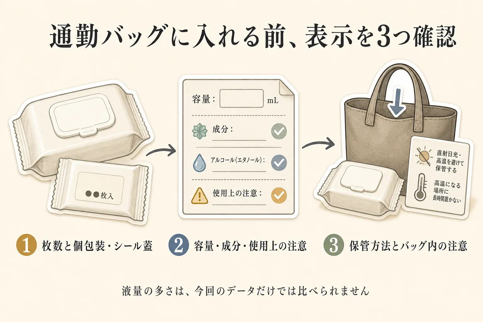 通勤バッグにボディシートを入れる前に商品ページで確認する3点の図。1点目は枚数と個包装・シール蓋、2点目は容量・成分・使用上の注意、3点目は直射日光や高温を避ける保管方法とバッグ内での注意を示し、液量の多さは今回のデータだけでは比較できないと案内している。