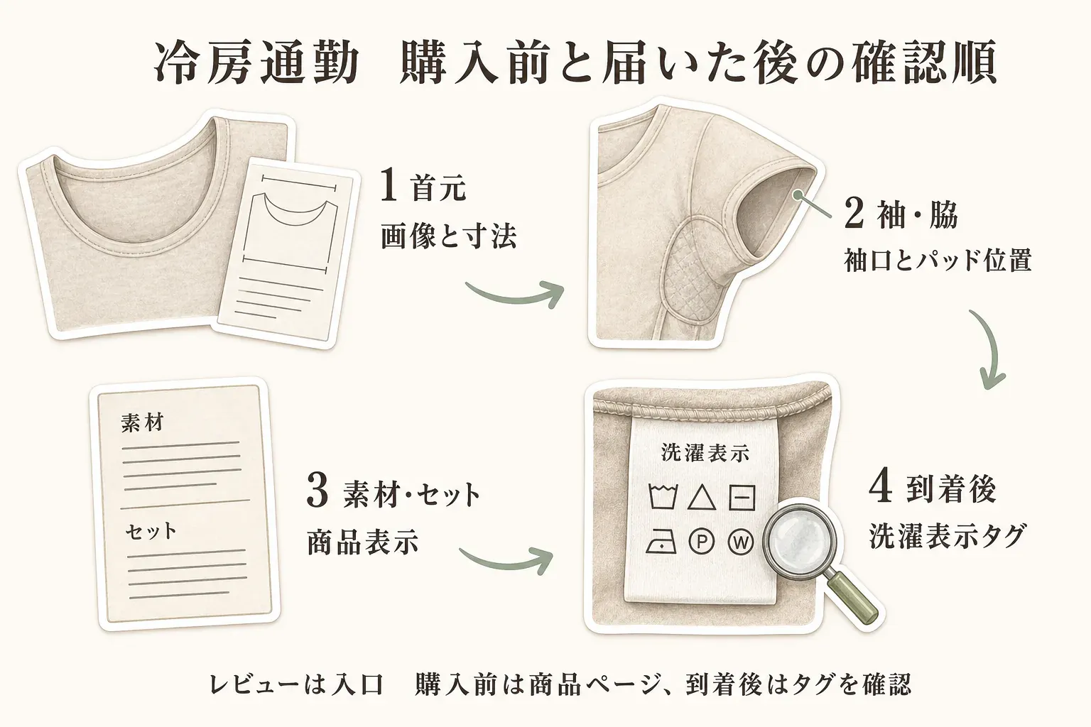 冷房通勤用の汗取りインナーについて、購入前と到着後の確認順を示す図。1は首元を画像と寸法で確認、2は袖・脇を袖口とパッド位置で確認、3は素材・セットを商品表示で確認、4は到着後に洗濯表示タグを確認する。レビューは入口で、購入前は商品ページ、到着後はタグを確認すると案内している。