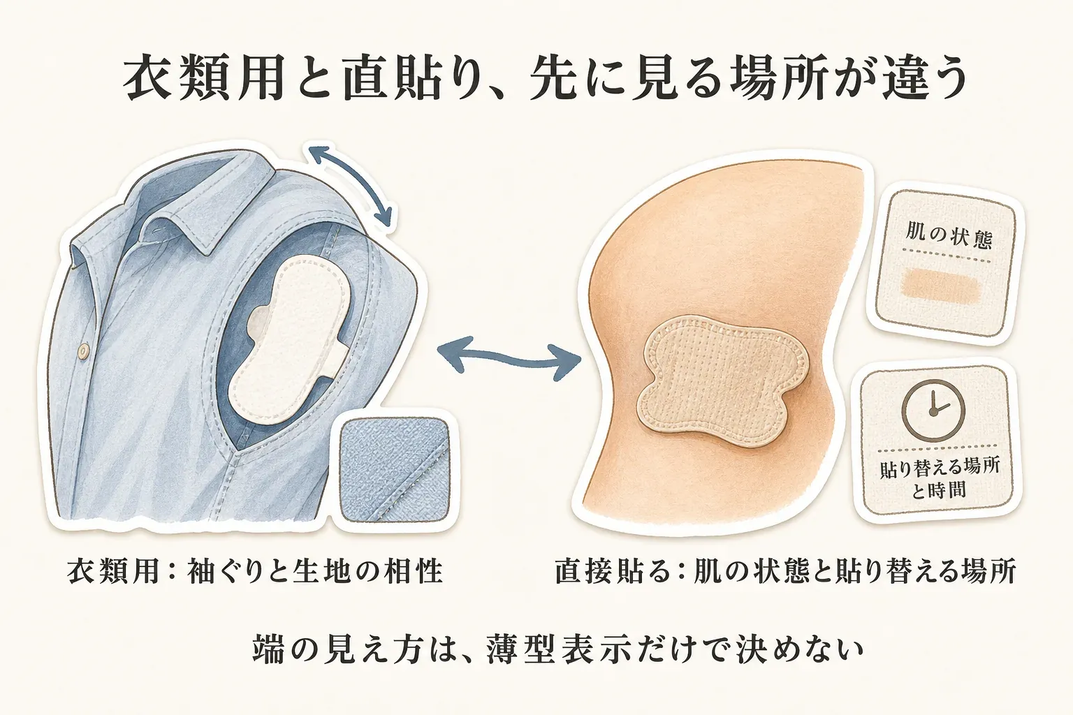 衣類用と直接貼る使い捨て脇汗パッドで先に確認する場所の違いを示す図。衣類用はブラウスの袖ぐりと生地の相性を、直接貼るタイプは肌の状態と貼り替える場所・時間を確認し、端の見え方は薄型表示だけで決めないことを示している。