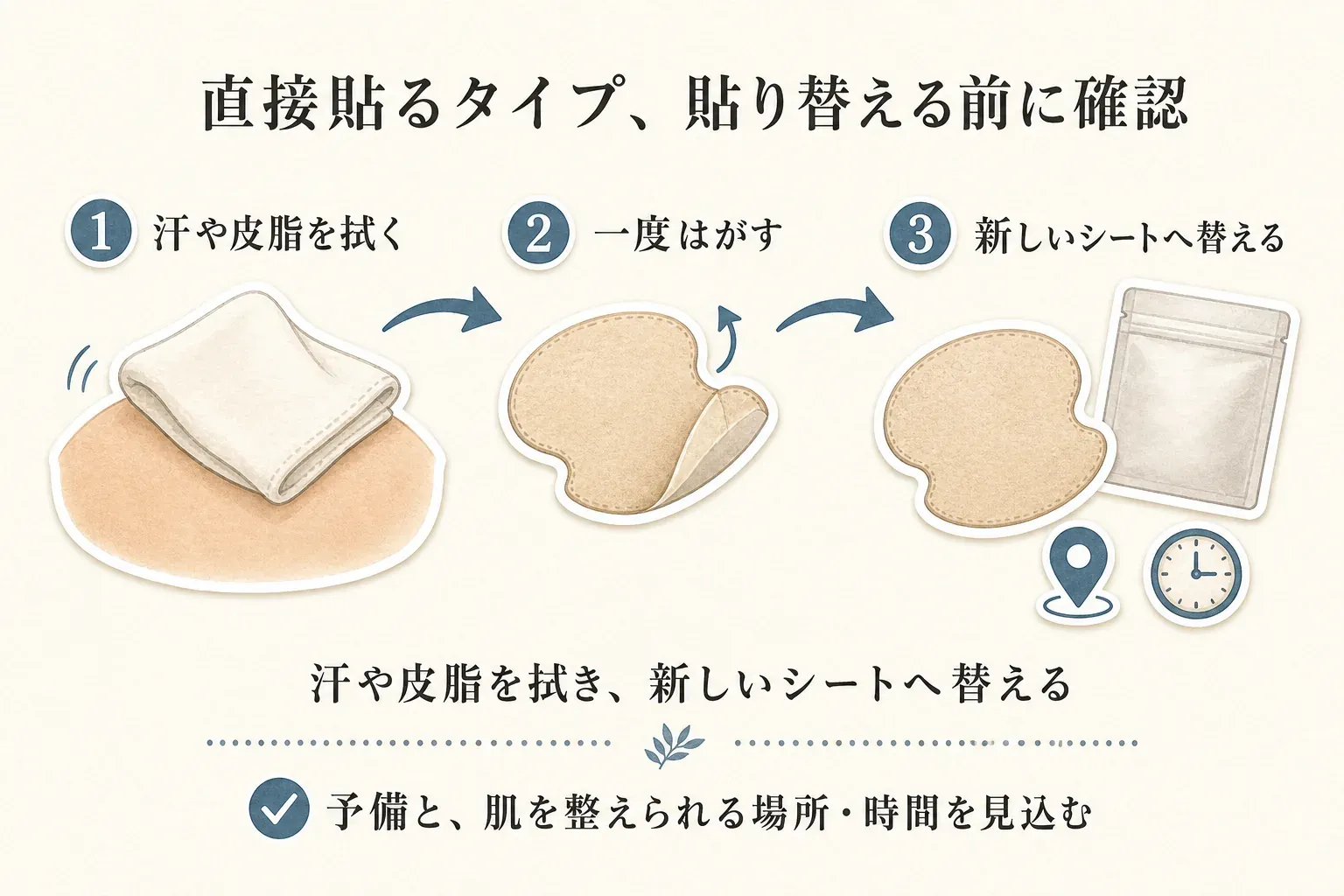 直接貼る使い捨て脇汗パッドの貼り替え前の手順を示す図。汗や皮脂を拭き、一度パッドをはがしてから新しいシートへ替える流れと、予備のほか肌を整えられる場所と時間を見込むことを示している。