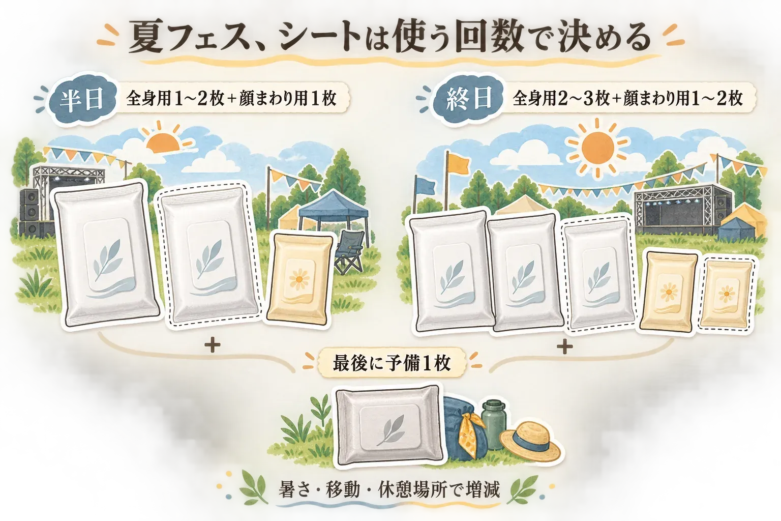 夏フェスの汗拭きシートを使う回数で決める目安の図。半日は全身用1〜2枚と顔まわり用1枚、終日は全身用2〜3枚と顔まわり用1〜2枚を示し、最後に予備1枚を足すこと、暑さ・移動・休憩場所に合わせて増減することを表している。