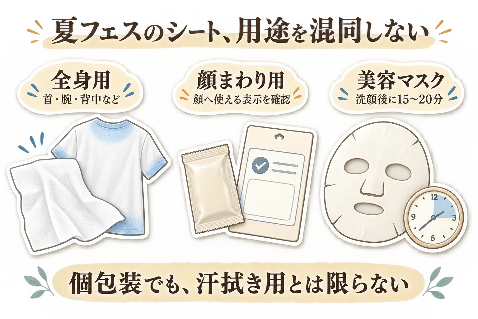 夏フェスのシート用途を分ける図。全身用は首・腕・背中などに使い、顔まわり用は顔へ使える表示を確認し、美容マスクは洗顔後に15〜20分使う別用途であることを示す。個包装でも汗拭き用とは限らないと伝えている。