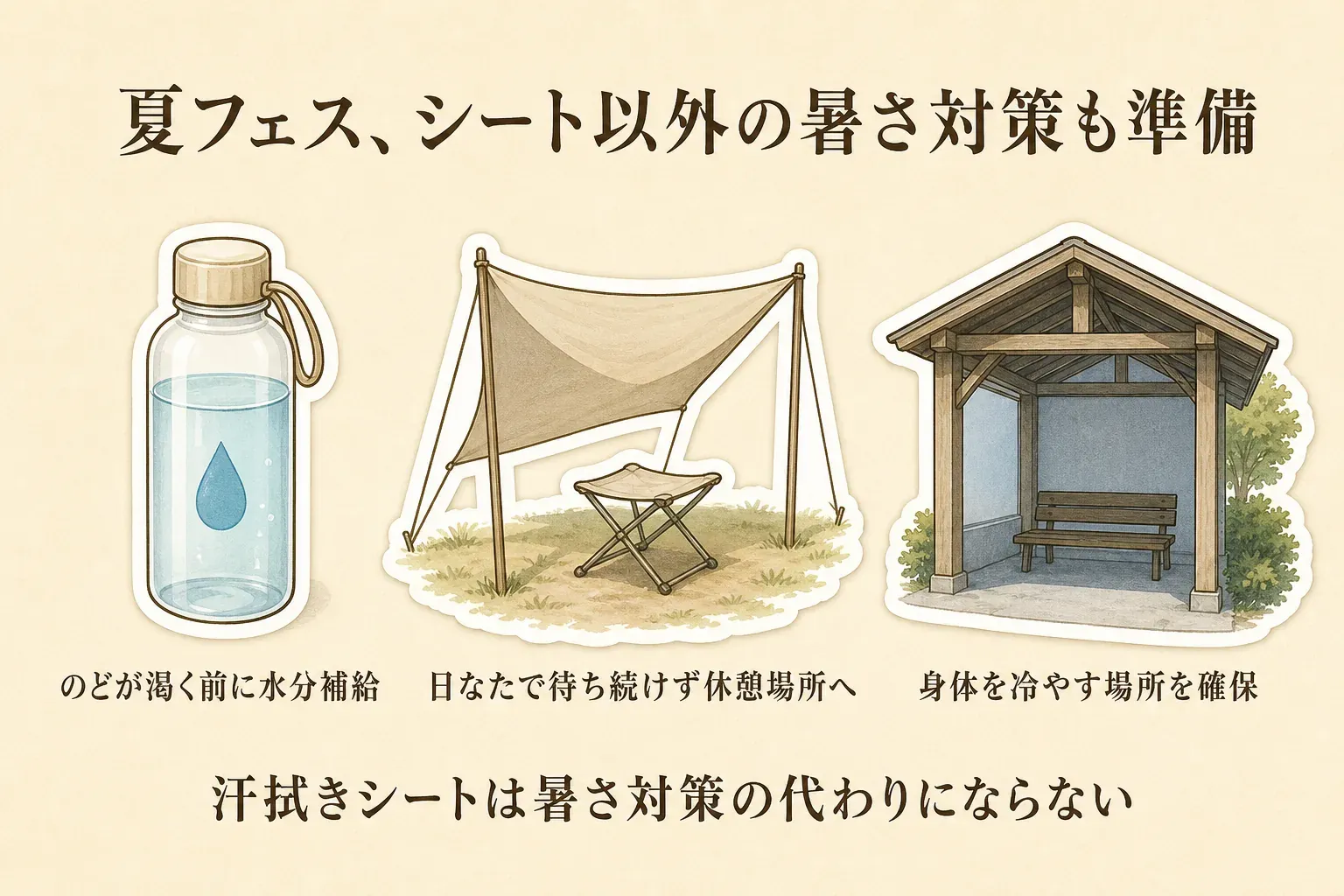 夏フェスで汗拭きシート以外に準備する暑さ対策の図。のどが渇く前に水分補給すること、日なたで待ち続けず休憩場所へ移動すること、身体を冷やす場所を確保することを示し、汗拭きシートは暑さ対策の代わりにならないと伝えている。