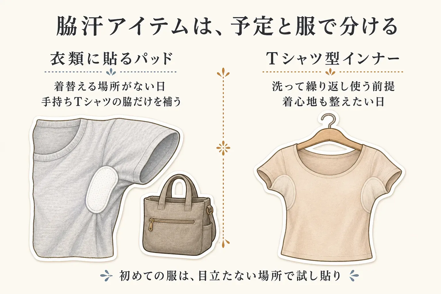 脇汗アイテムを予定と服で選ぶ比較図。衣類に貼るパッドは着替える場所がない日や手持ちTシャツの脇だけを補う場合、Tシャツ型インナーは洗って繰り返し使い着心地も整えたい日に向く。初めて使う服では目立たない場所で試し貼りする注意も示している。