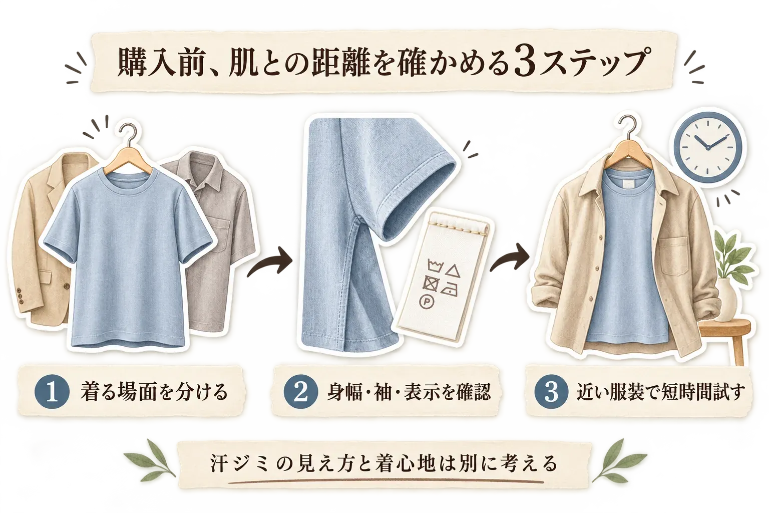 購入前に肌との距離を確かめる3ステップの図。着る場面を分け、身幅・袖・素材や取扱表示を確認し、近い服装で短時間試す流れを示す。汗ジミの見え方と着心地は別に考えるよう案内している。