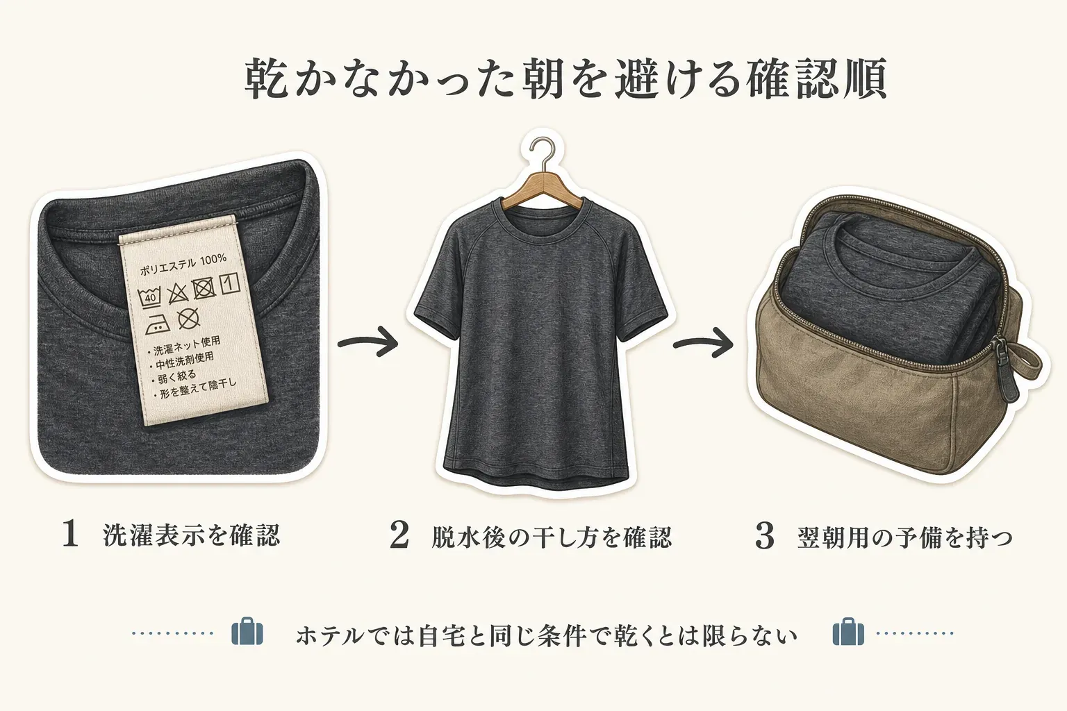 部屋干しで乾かなかった朝を避ける確認順を示す図。洗濯表示を確認し、脱水後の干し方を確認し、翌朝用の予備を持つ3段階と、ホテルでは自宅と同じ条件で乾くとは限らないことを示している。
