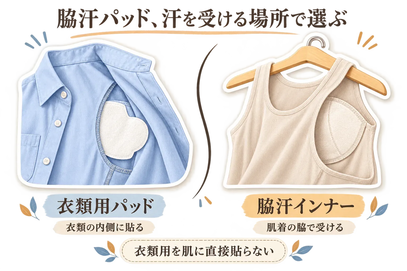 衣類用の脇汗パッドをシャツの内側に貼ってシャツで汗を受ける場合と、脇パッド付きインナーをシャツの下に着て肌着で汗を受ける場合を並べた図。衣類用パッドは肌に直接貼らず、衣類の内側に貼ることを示している。
