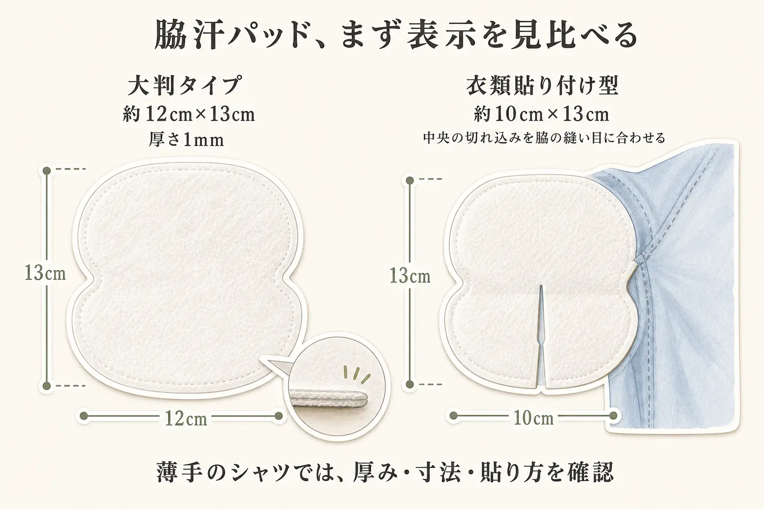 脇汗パッドの表示を比較する図。大判タイプは約12cm×13cm・厚さ1mm、衣類貼り付け型は約10cm×13cmで、中央の切り込みを脇の縫い目に合わせることを示し、薄手のシャツでは厚み・寸法・貼り方を確認するよう案内している。