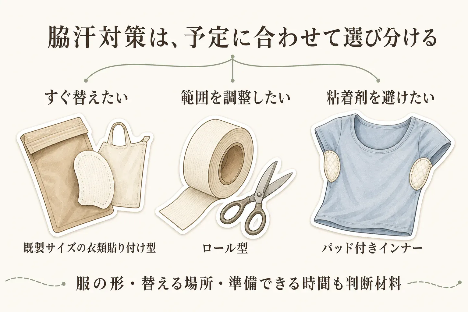 予定に合わせた脇汗対策の選び分け図。すぐ替えたい場合は既製サイズの衣類貼り付け型、範囲を調整したい場合はロール型、粘着剤を避けたい場合はパッド付きインナーを選ぶ目安と、服の形・替える場所・準備できる時間も判断材料になることを示している。