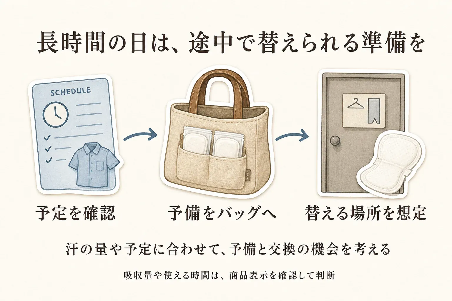 長時間の予定で脇汗パッドを途中交換する準備の図。予定を確認し、予備のパッドをバッグに入れ、化粧室など替える場所を想定する流れを示し、汗の量や予定に合わせて予備と交換の機会を考えるよう案内している。