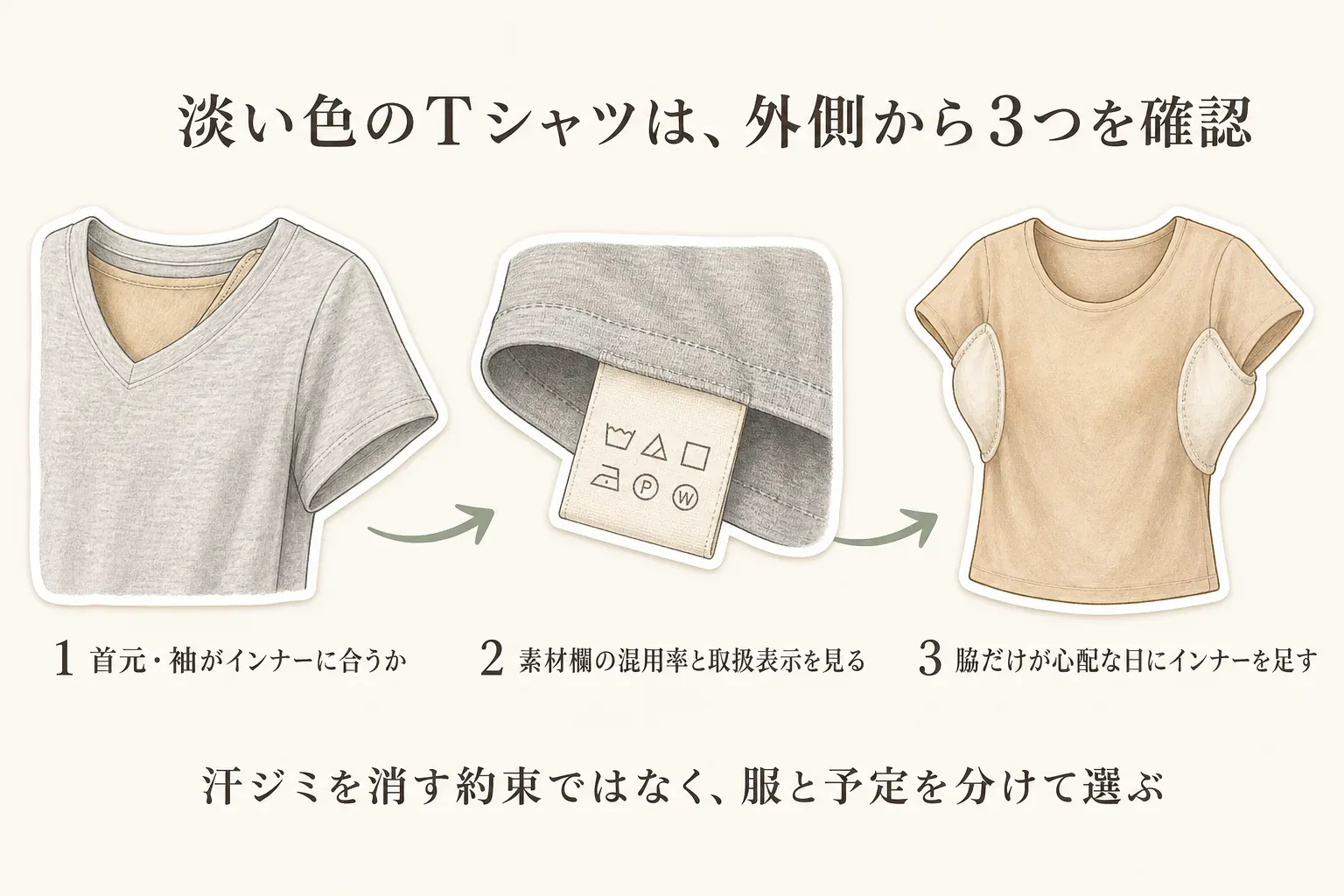 淡い色のTシャツを選ぶときの確認順を示す図。VネックのTシャツで首元・袖がインナーに合うかを確かめ、素材欄の混用率と取扱表示を確認し、脇だけが心配な日に汗取りインナーを足すという3項目を示している。汗ジミを消す約束ではなく、服と予定を分けて選ぶことを伝えている。