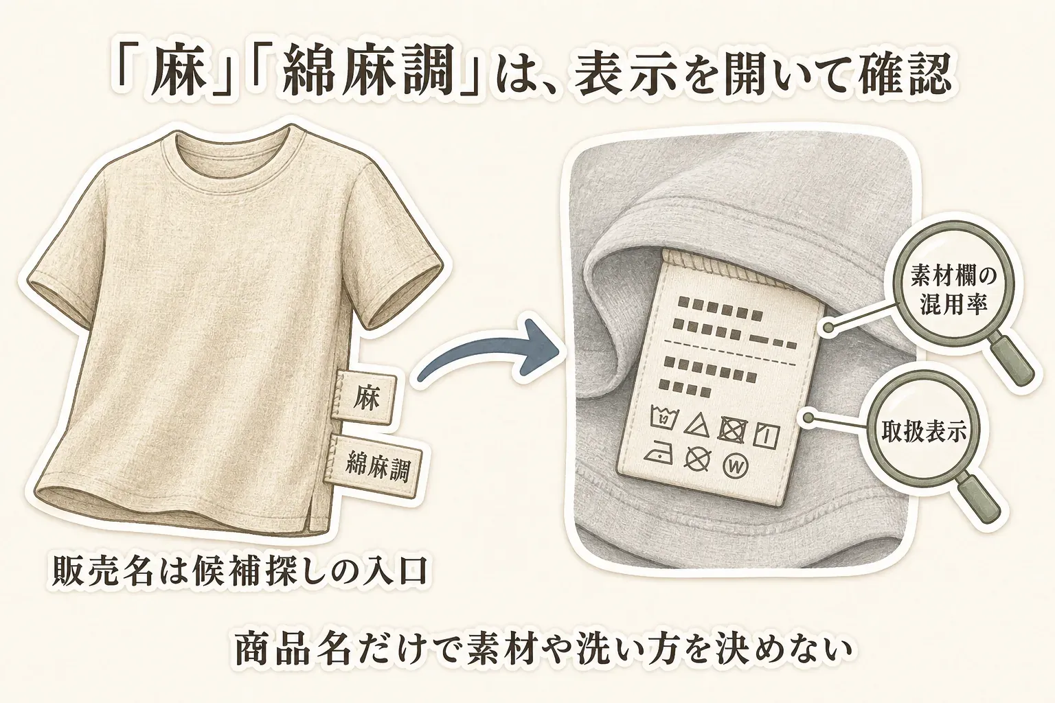 「麻」「綿麻調」と書かれたTシャツから、品質表示のタグを確認する流れを描いた図。販売名は候補探しの入口とし、素材欄の混用率と取扱表示を拡大して確認し、商品名だけで素材や洗い方を決めないことを示している。
